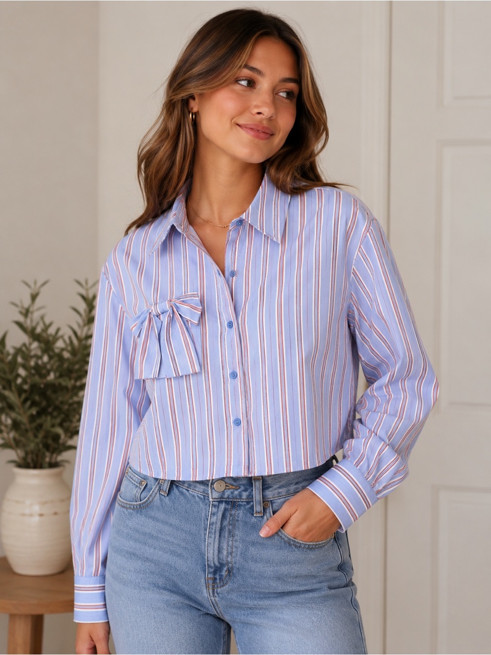 Nanette Lepore Blue & White Striped Bow-Front Button Shirt